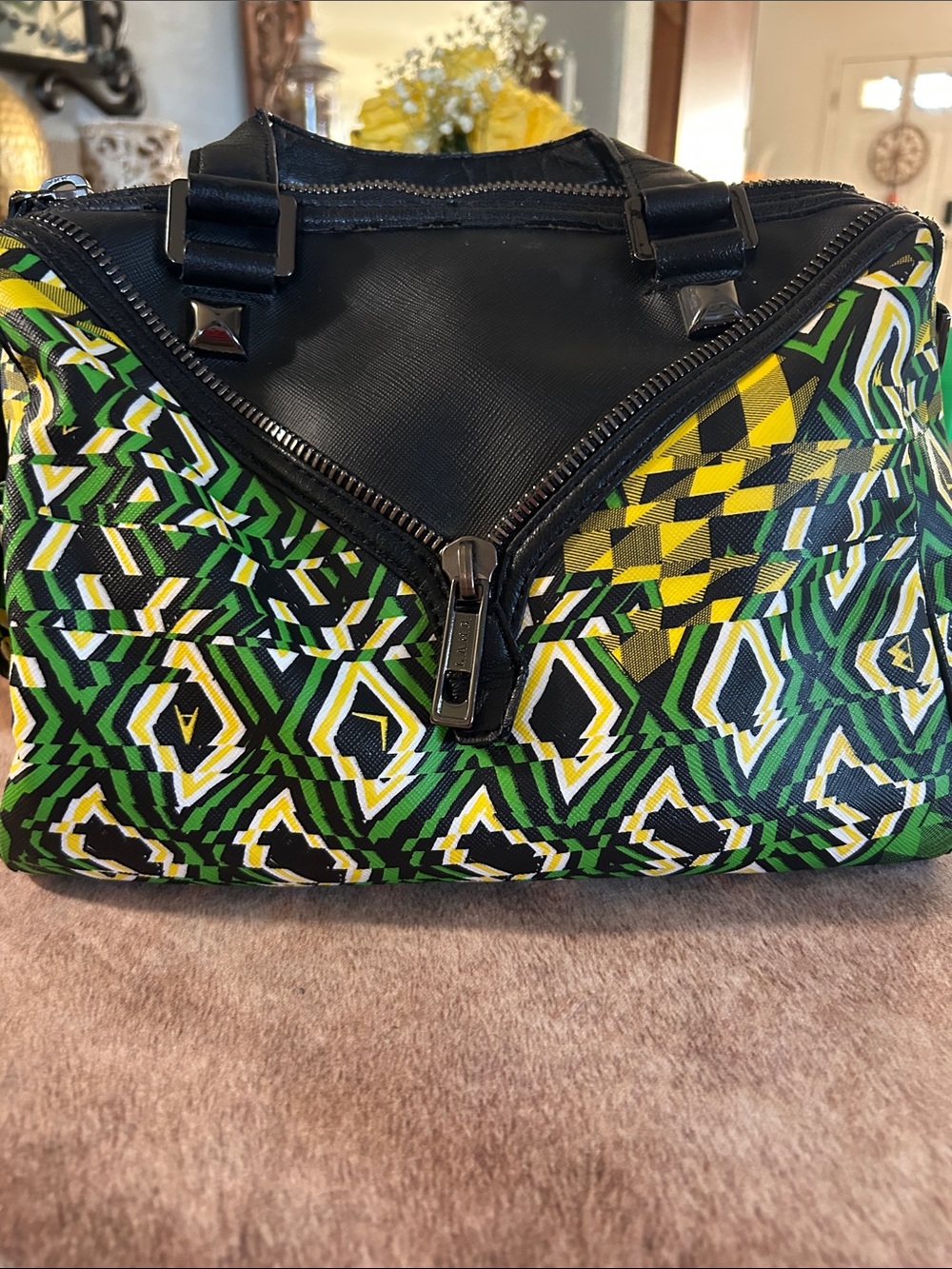 Geometric Green & Yellow Patterned Satchel